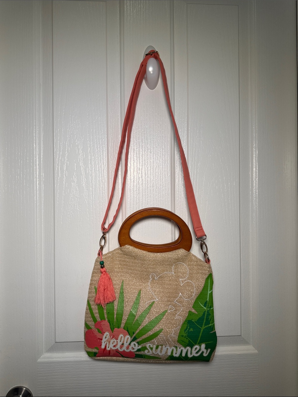 Disney Hello Summer Straw Satchel with Green Leaves & Pink Flower - Picture 2 of 9